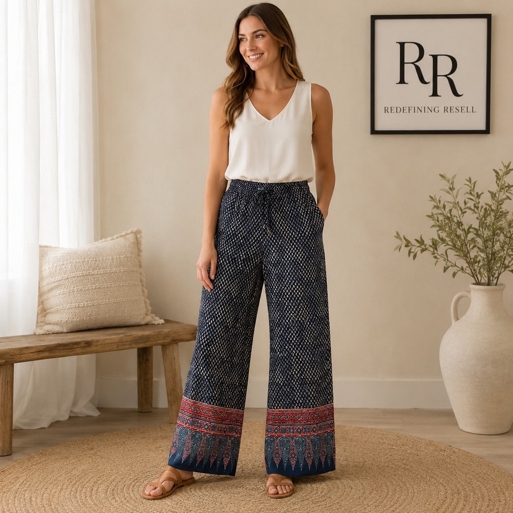 Lauren Ralph Lauren Navy Blue Geometric Print Wide Leg Drawstring Pants Size 6